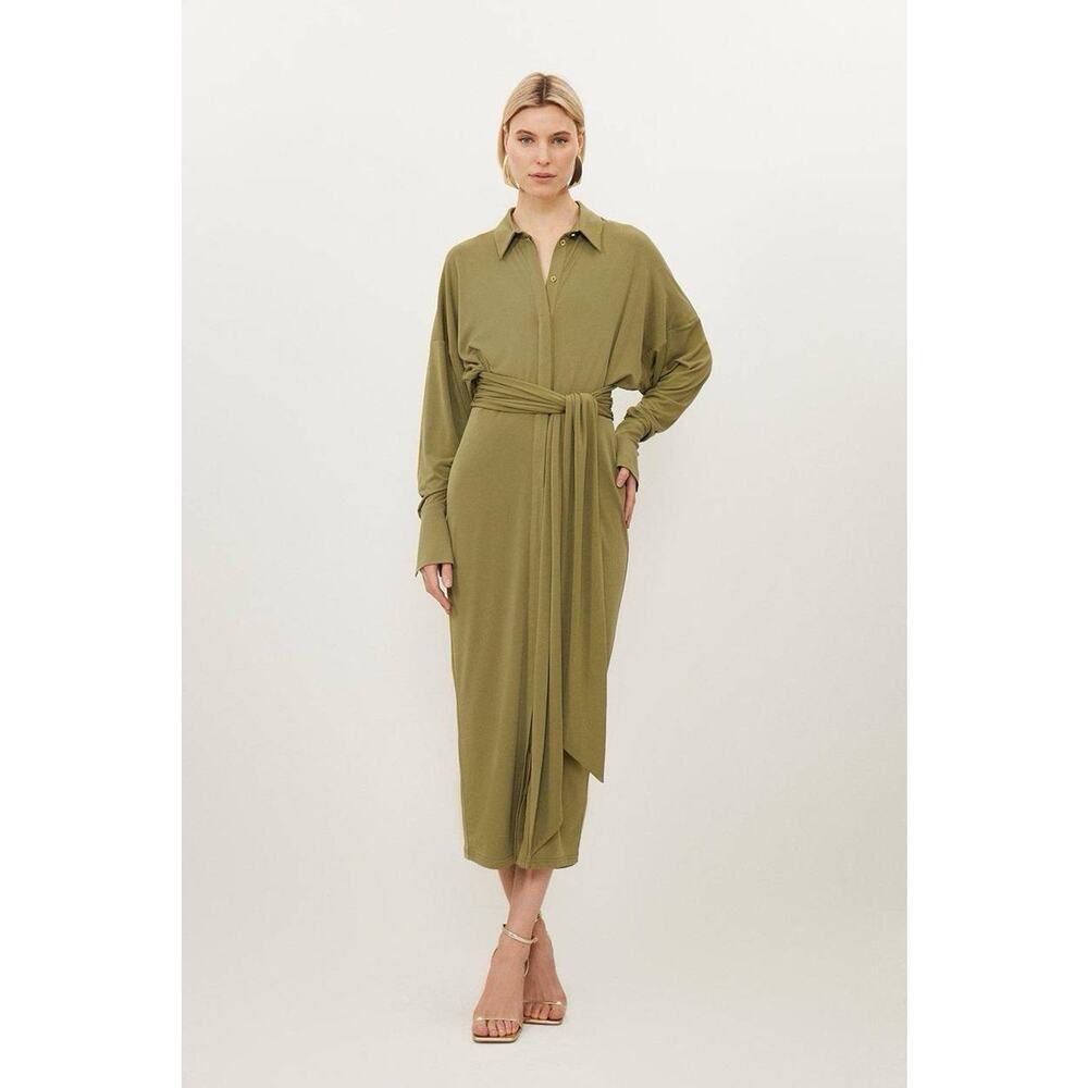 Karen Millen Ruched Tie-Waist Jersey Crepe Shirt Midi Dress Plus Size XXL NWT